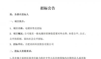 合肥J9集团电镀锌售卖招标公告